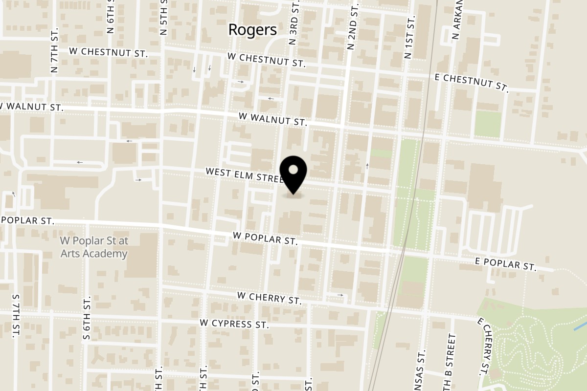 Map showing the location of Blu DTR on 214 West Elm Street in Rogers